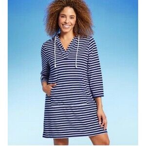 NWT Land’s End UPF 50 Striped V-neck Terry Hooded Swimsuit Cover up